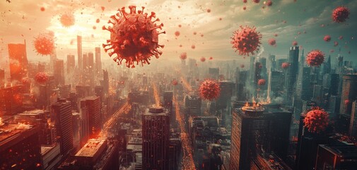 Obraz premium A surreal cityscape depicting floating viruses against a dramatic sunset, symbolizing the impact of pandemics on urban life.
