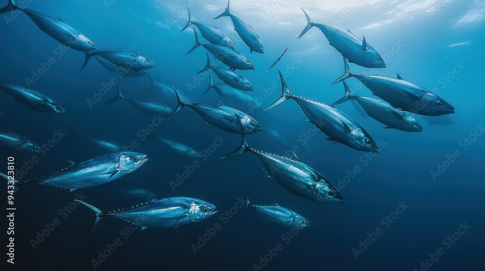 Poster A School of Tuna Swimming in the Deep Blue Ocean