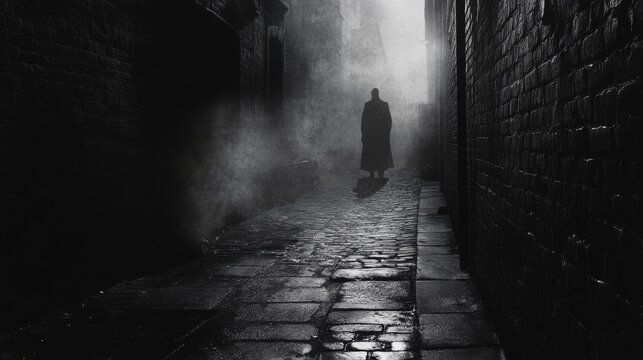 52. A dark alley with a shadowy figure lurking, surrounded by eerie mist