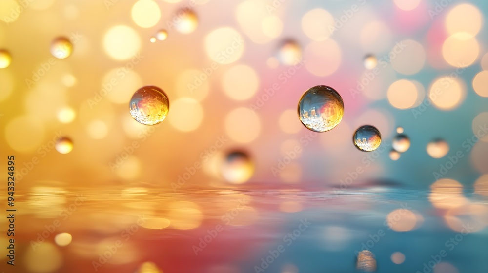 Poster water drops floating on colorful bokeh background