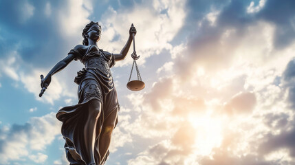 Fototapeta premium Lady Justice statue against a sky backdrop, symbolizing law and fairness. --ar 16:9 --v 6.1 Job ID: ff834c0b-1365-4c14-9c8f-6fc54b7ef609
