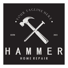 retro vintage crossed hammer and nail logo for home repair services, carpentry, badges, builders, woodworking, construction, vector