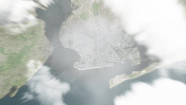 Earth zoom in from space to Gravesend, New York, USA. Followed by zoom out through clouds and atmosphere into space. Satellite view. Travel intro. Images from NASA