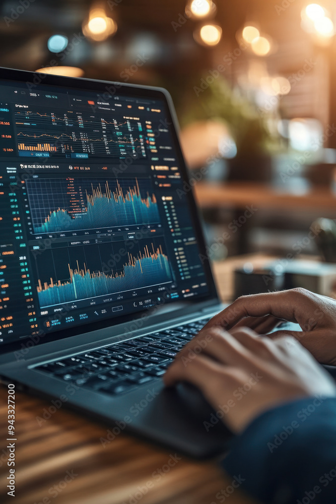 Aufkleber financial data analysis, close-up of hands typing on a laptop, with layers of financial data and cha