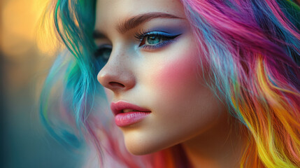 Rainbow Hair Woman,  Close-up portrait of a woman showcasing her vibrant rainbow hair, highlighting her fashionable hairstyle and colorful appearance