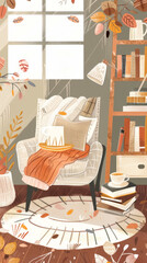 Autumn Reading Corner with Armchair and Books