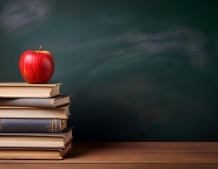Academic Tradition: Stack of Books and Apple with Chalkboard Backdrop