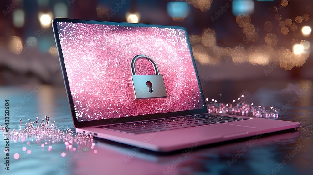 Poster a laptop displaying a padlock symbol on a sparkling pink background, representing digital security a