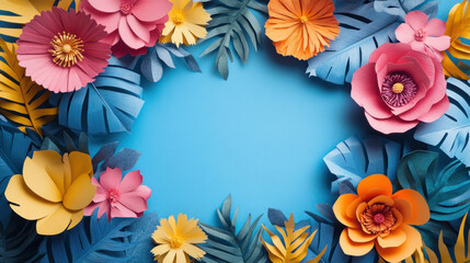 Obraz premium Floral Frame Mockup, Colorful floral frame mockup featuring blue leaves and vibrant paper flowers in pink, yellow, and orange, perfect for creative projects