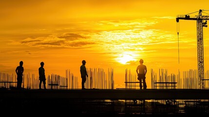 Construction workers at sunset
