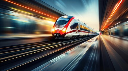 High Speed Passenger Express Train In Motion Through Modern City Station, Long Exposure Blur Effect