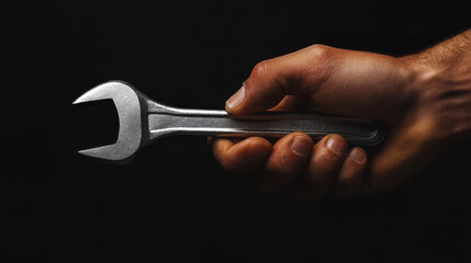 Hand holding a wrench on blakc background. Mechanic shop concept