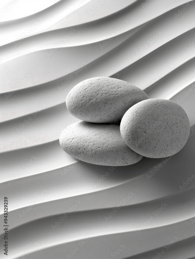 Wall mural Grey rocks rests on a wavy white surface, creating a minimalist and tranquil composition with flowing lines and a smooth, abstract texture.