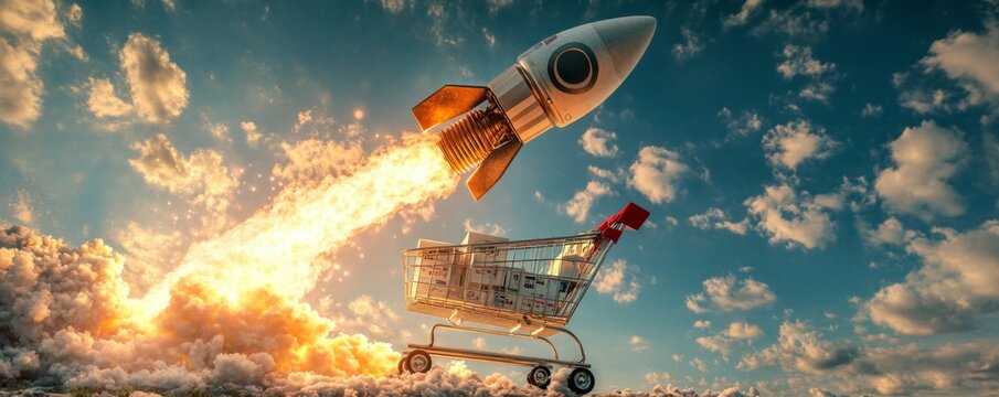 A whimsical scene of a rocket launching from a shopping cart, symbolizing creativity and innovation in commerce.