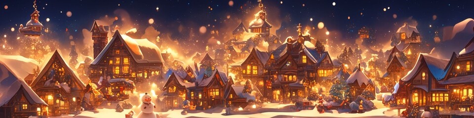 Fototapeta premium Enchanting Christmas Village Night: Whimsical Anime-Style Winter Wonderland with Snowman, Igloo, and Snowy Mountains. Conceptual Landscape Art for Festive Marketing, Game Design, and Holiday Illustrat