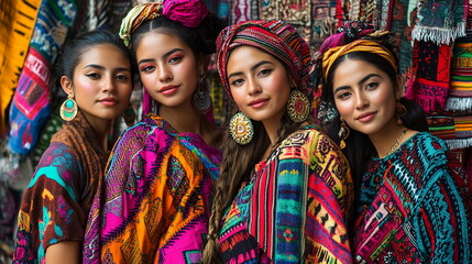 Obraz premium Diverse models showcasing vibrant Guatemalan huipils with intricate Mayan patterns, posed against a backdrop of traditional textiles. Hispanic heritage month celebration atmosphere