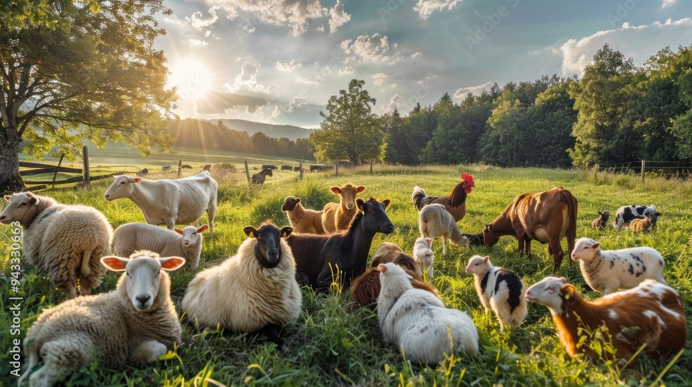 Poster A herd of sheep and cows are laying in a field
