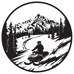 Snowmobile Silhouette Logo in a Circular Design Highlighting Forests and Glacial Mountains in the Background