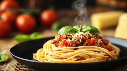 spaghetti Bolognese on a black plate, hot and steaming with tomato sauce, Parmesan cheese, and basil leaves