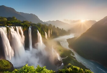 Fototapeta premium Majestic Waterfall at Sunrise in a Lush Valley.
