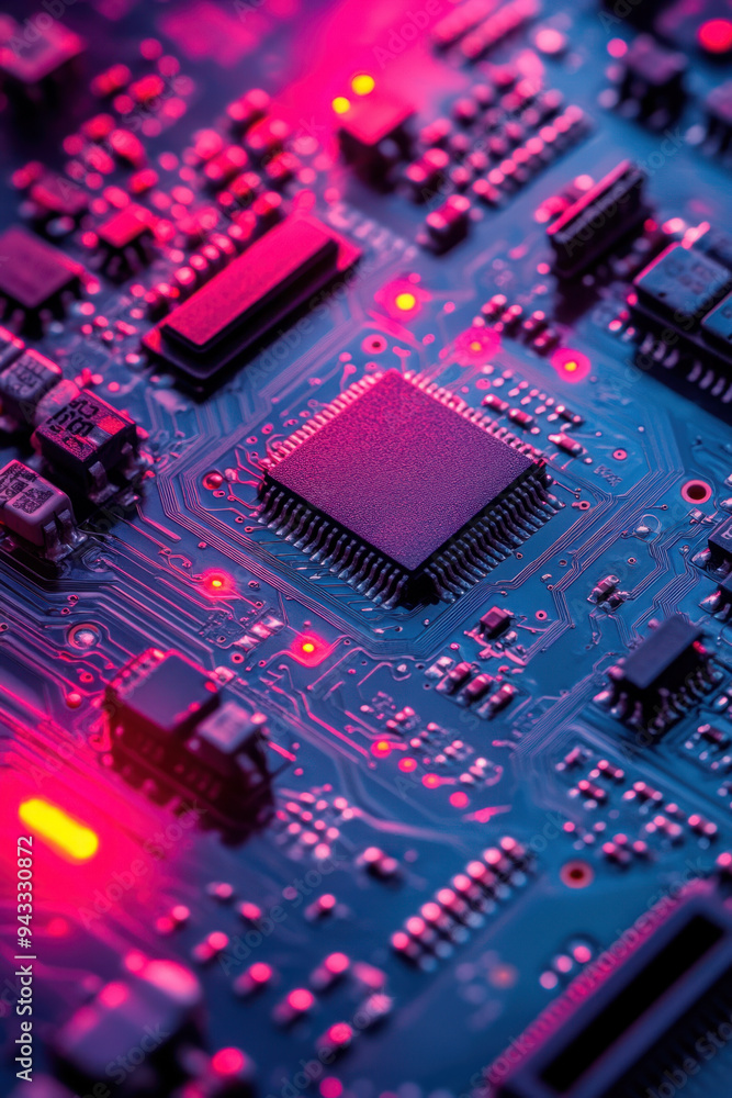 Poster circuit board, detailed close-up of a vibrant circuit board, highlighting its intricate patterns and