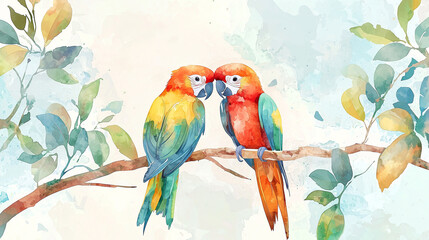 Fototapeta premium A loving couple of cute parrots sits on a tree branch. Watercolor illustration