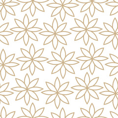 Simple minimal golden flowers on white background luxury seamless pattern line art boho vector print. Light print, wrapping paper, wallpaper textile design
