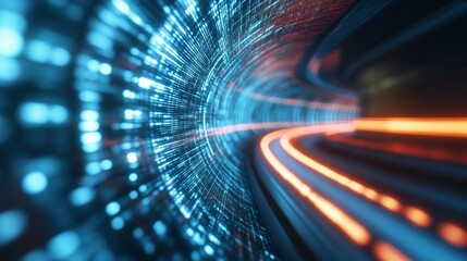 Neon Light Trails in a Futuristic Tunnel, vibrant streaks of color, an endless passageway, dynamic energy, abstract visual journey through illuminated space