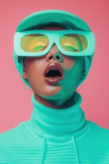 Woman wearing blue sunglasses and hat