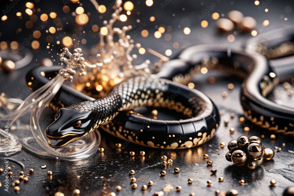 Wall mural Happy New Year 2025. The symbol of the year is a snake made of gold metal, confetti and sequins on a black background. A festive poster or banner for a party and New Year's Eve.