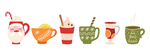 Set of Christmas and New Year cups. Cute mugs with hot drinks whipped cream, lollipop, hand-drawn