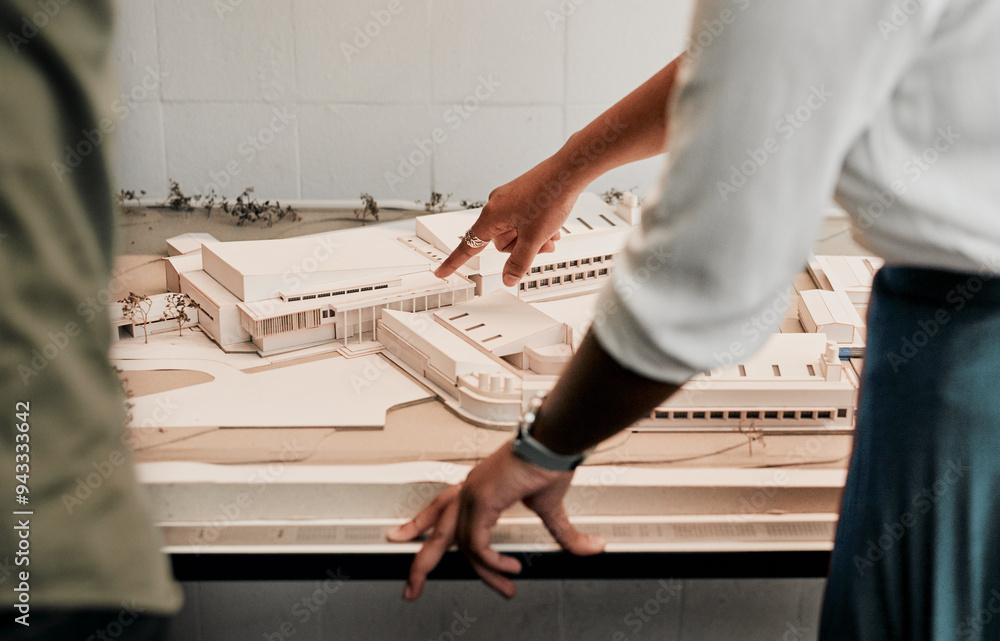 Leinwandbilder model, pointing and business people in office for architecture, project management and ideas. propos