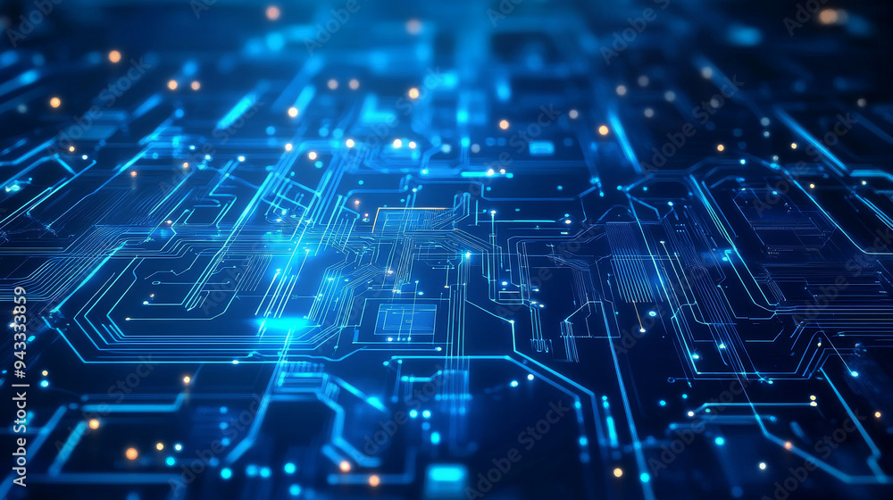 Poster abstract ai circuit board backdrop. technological layout featuring interconnected blue lines with el