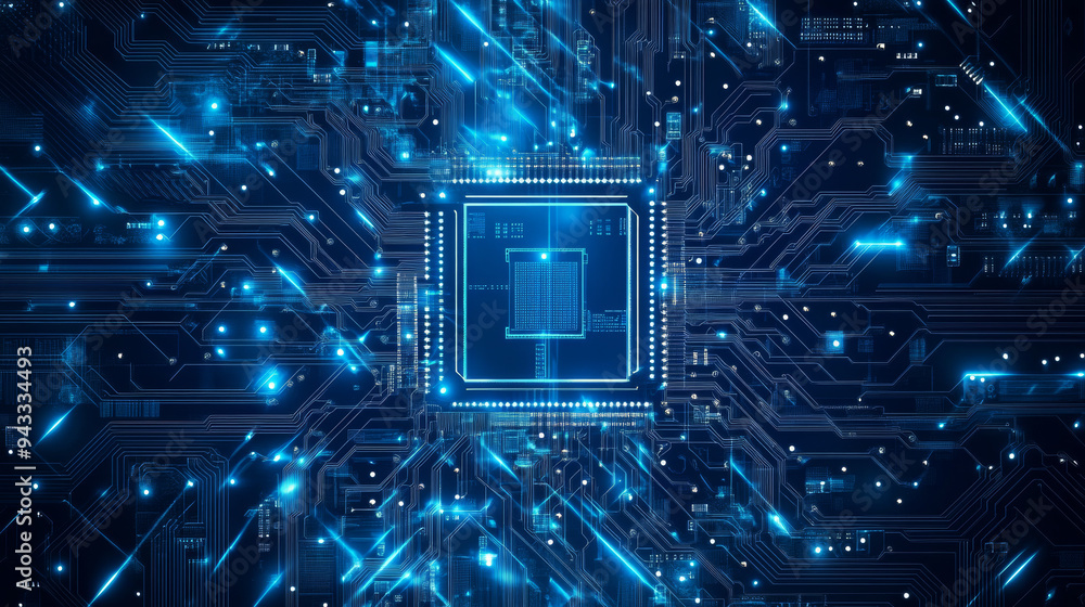Poster abstract ai circuit board backdrop. technological layout featuring interconnected blue lines with el
