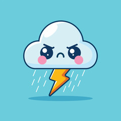 Cute Angry Cloud Storm With Thunder Cartoon Vector Icon Illustration. Object Nature Icon Concept Isolated Premium Vector. Flat Cartoon Style