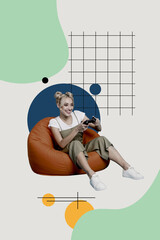 Vertical photo collage of happy teen girl sit beanbag play game pad joystick video game toll addiction isolated on painted background © deagreez