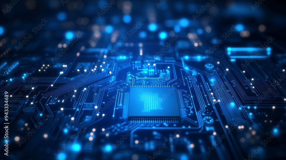 Poster abstract ai circuit board backdrop. technological layout featuring interconnected blue lines with el