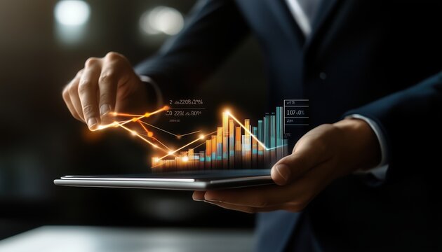 Businessman using tablet analyzing sales data and financial report, business growth graph chart. digital marketing planning and strategy, financial report, business, finance and investment concept