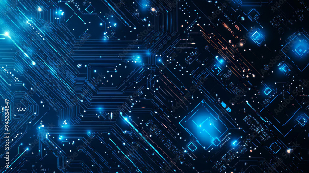 Poster abstract ai circuit board backdrop. technological layout featuring interconnected blue lines with el