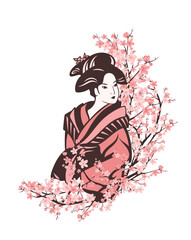 beautiful japanese geisha woman wearing traditional kimono among blooming sakura tree branches - seasonal decor vector portrait