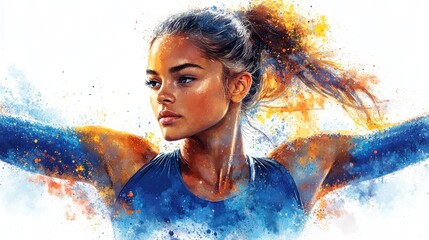 Woman in blue top with outstretched arms, abstract style