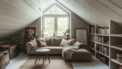 Fototapeta premium scandinavian interior design of modern living room with corner sofa