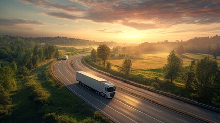 delivery trucks driving in road in sunset landscape