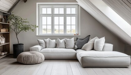 Fototapeta premium scandinavian interior design of modern living room with corner sofa