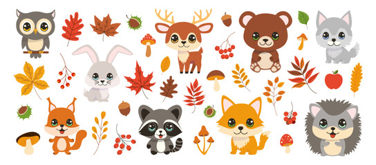A group of cartoon animals, including a rabbit, deer, bear, and squirrel, are surrounded by autumn leaves
