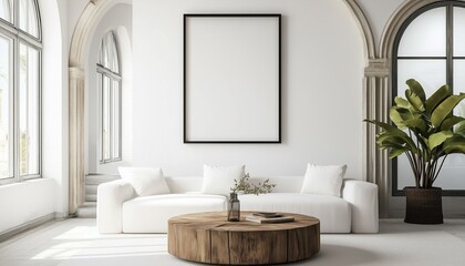 Fototapeta premium Minimalism art deco interior design of modern living room, home with coffee table near white sofa