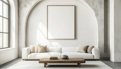 Obraz premium Minimalism art deco interior design of modern living room, home with coffee table near white sofa