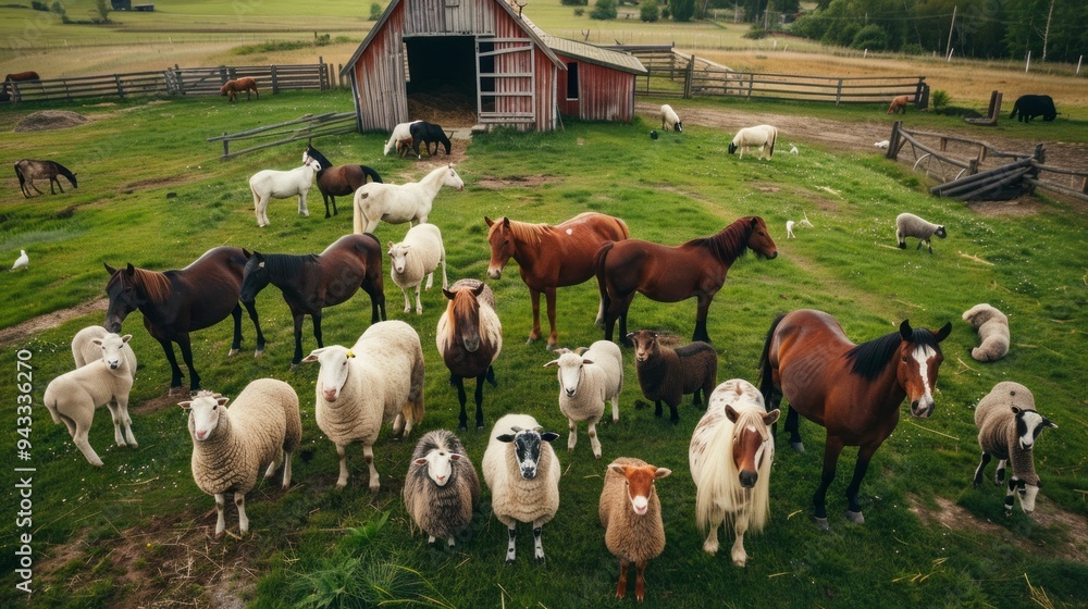 Poster a herd of horses and sheep are standing in a field