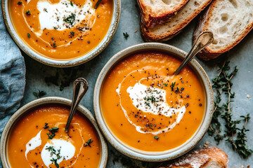 Bols de soupe de potiron avec cr&egrave;me fraiche, vue de dessus