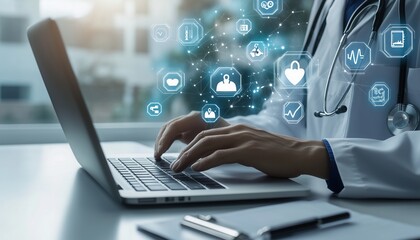Health Insurance, telemedicine, virtual hospital, family medicine concept. Doctor using laptop computer with health care icons, medical technology background, health insurance business